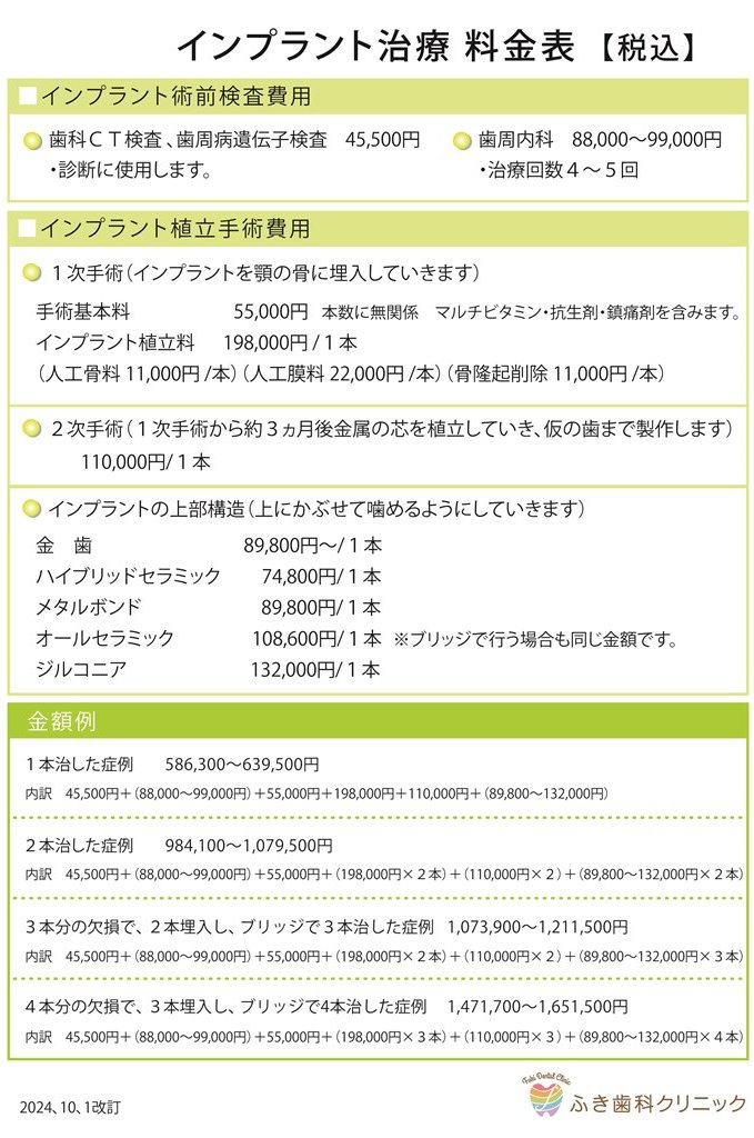 インプラント料金表（税込み）